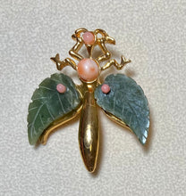 Load image into Gallery viewer, AUTHENTIC SWOBODA FLY BROOCH ~ CARVED JADE LEAVES, CORAL