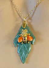 Load image into Gallery viewer, AUTHENTIC SWOBODA JADE LEAF AND BEE PENDANT ~ JADE, CORAL, PERIDOT EYES