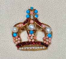 Load image into Gallery viewer, Authentic Swoboda Crown Brooch ~ Fresh Water Pearl, Coral, Turquoise, Garnet
