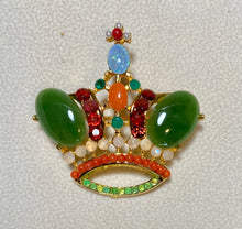 Load image into Gallery viewer, Authentic Swoboda Crown Brooch ~ Jade, Doublet Opal, Moonstone, Garnet, Peridot, Green Onyx, Coral, Pearl
