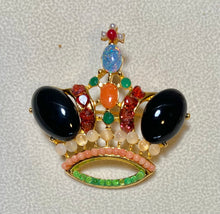 Load image into Gallery viewer, Authentic Swoboda Crown Brooch ~ Black Onyx, Doublet Opal, Moonstone, Garnet, Peridot, Green Onyx, Coral

