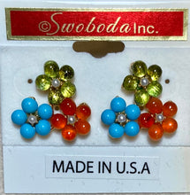 Load image into Gallery viewer, AUTHENTIC SWOBODA EARRINGS ~ PERIDOT, CARNELIAN, TURQUOISE AND PEARL
