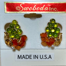 Load image into Gallery viewer, AUTHENTIC SWOBODA GRAPE EARRINGS ~  PERIDOT, CARNELIAN, PEARL
