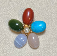 Load image into Gallery viewer, AUTHENTIC SWOBODA FLOWER BROOCH ~ TURQUOISE, ROSE QUARTZ, LACE AGATE, JADE, JASPER

