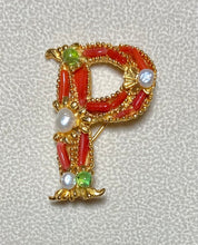 Load image into Gallery viewer, Authentic Swoboda "P" Initial Brooch ~ Coral, Peridot, Fresh Water Pearl
