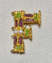 Load image into Gallery viewer, Authentic Swoboda "F" Initial Brooch ~ Amethyst, Peridot, Fresh Water Pearl
