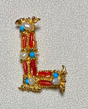 Load image into Gallery viewer, Authentic Swoboda "L" Initial Brooch ~ Coral, Turquolite, Fresh Water Pearl
