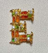 Load image into Gallery viewer, Authentic Swoboda "E" Initial Brooch ~ Carnelian, Peridot, Fresh Water Pearl
