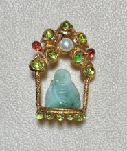 Load image into Gallery viewer, Authentic Swoboda Buddha Brooch ~ Peridot, Garnet, Pearl and Jadeite Buddha
