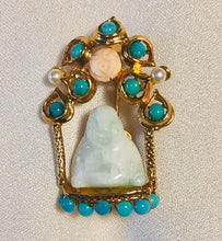 Load image into Gallery viewer, Authentic Swoboda Buddha Brooch ~ Turquoise, Pearl, Coral and Jadeite Buddha
