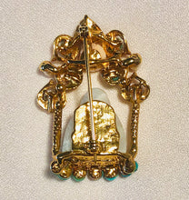 Load image into Gallery viewer, Authentic Swoboda Buddha Brooch ~ Turquoise, Pearl, Coral and Jadeite Buddha
