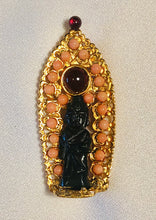 Load image into Gallery viewer, Authentic Swoboda Buddha Brooch ~ Coral and Garnet
